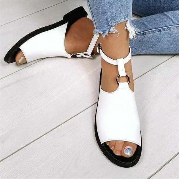 Women peep toe t strap comfortalbe flat slingback buckle ankle strap sandals