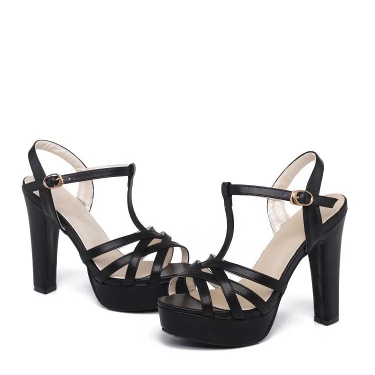 Women platform peep toe buckle ankle strap chunky heels