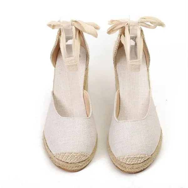 Women round toe lace up espadrille wedge sandals