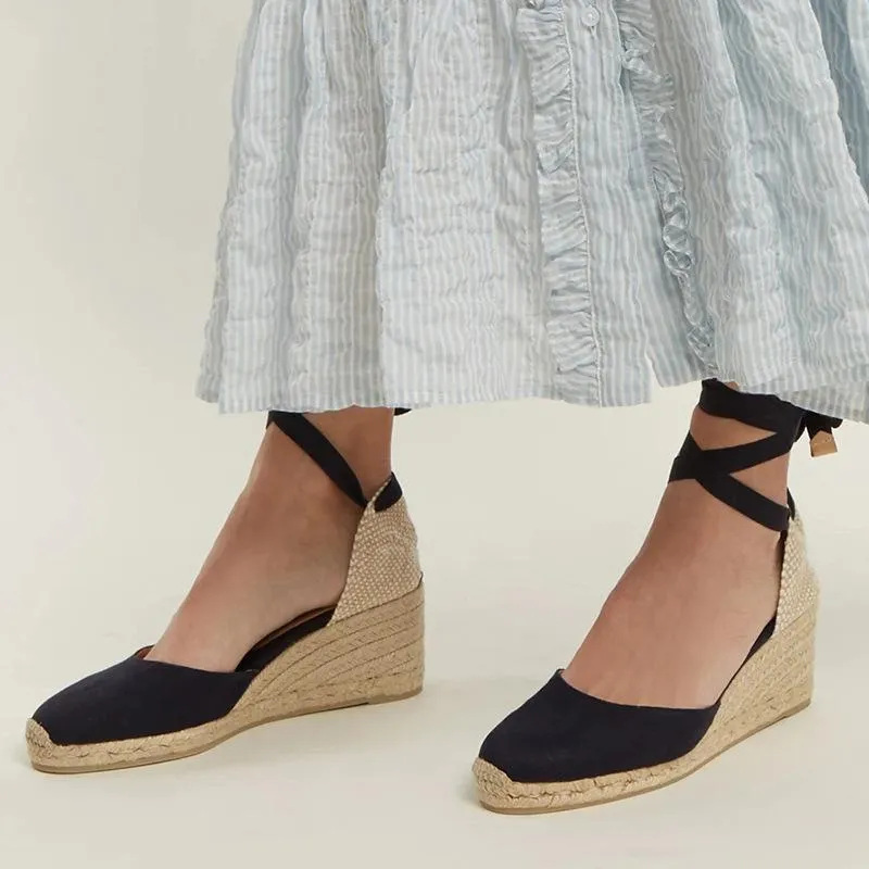 Women round toe lace up espadrille wedge sandals