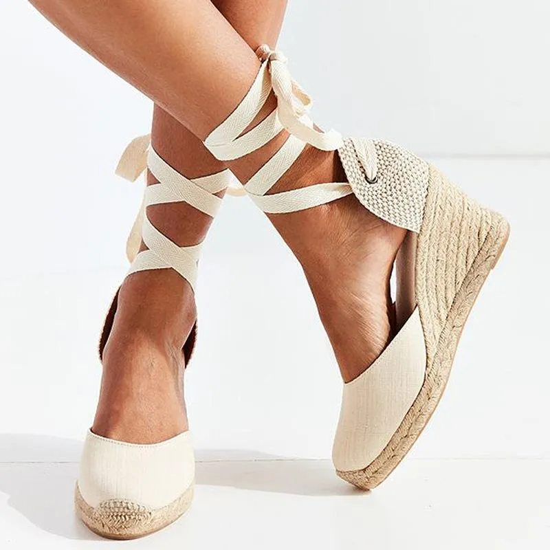 Women round toe lace up espadrille wedge sandals