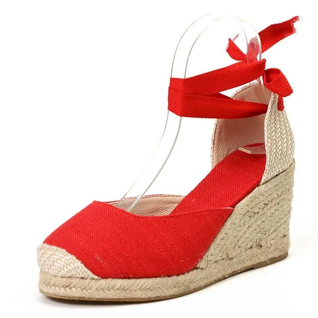 Women round toe lace up espadrille wedge sandals