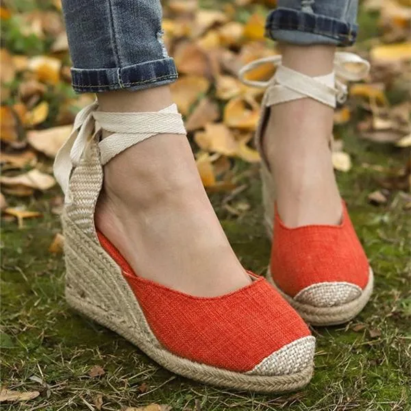 Women round toe lace up espadrille wedge sandals