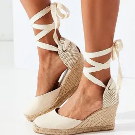 Women round toe lace up espadrille wedge sandals