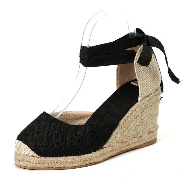 Women round toe lace up espadrille wedge sandals