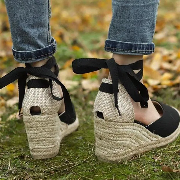 Women round toe lace up espadrille wedge sandals