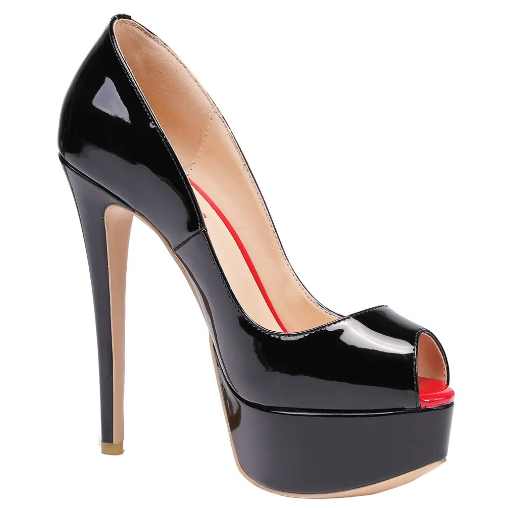 Women Sexy Black Patent Pumps 14cm Peep-toe Party High Heels with platform