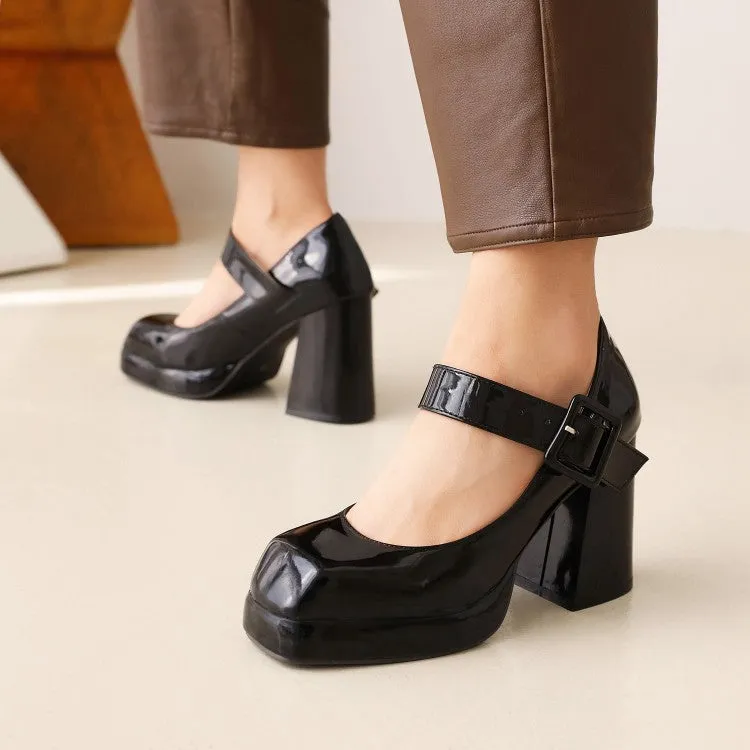 Women's Platform Pumps Mary Janes Buckle Straps Block Chunky Heels