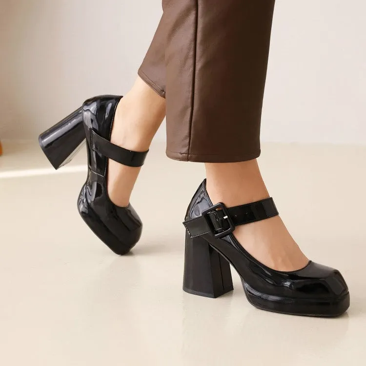 Women's Platform Pumps Mary Janes Buckle Straps Block Chunky Heels