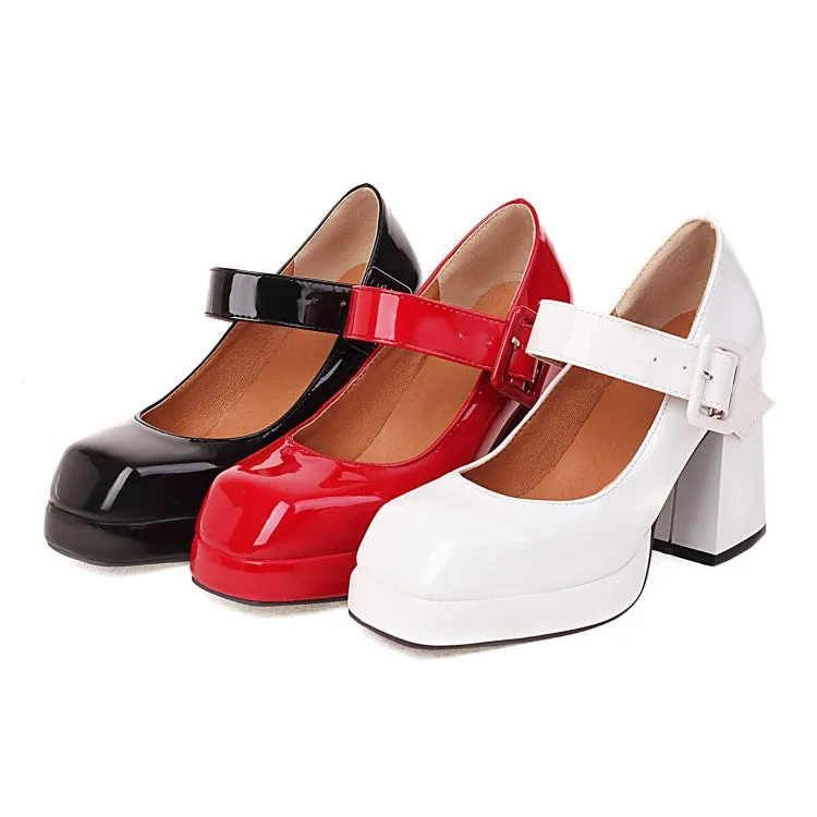 Women's Platform Pumps Mary Janes Buckle Straps Block Chunky Heels