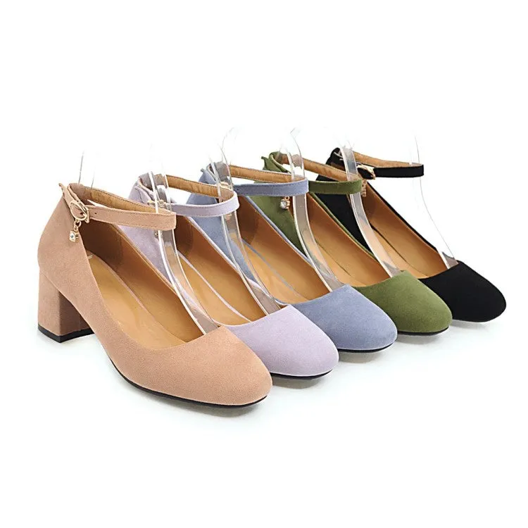 Women's Pumps Round Toe Ankle Strap Block Heel Shoes