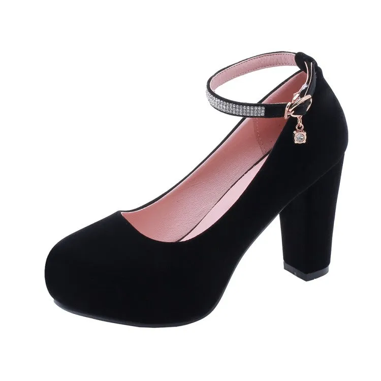 Women's Suede Round Toe Rhinestone Chunky Hees High Heel Platform Pumps